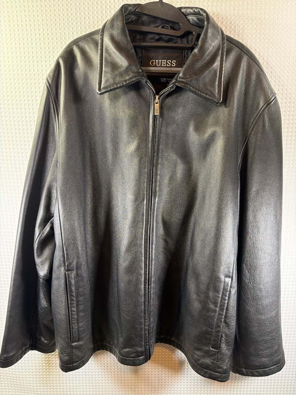 GUESS  Black Pebble Grain Leather Full-Zip Jacket